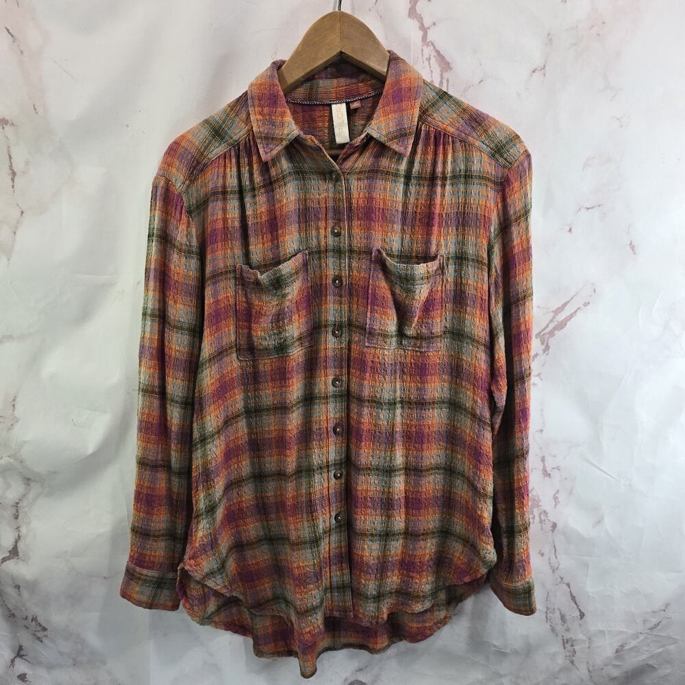 Anthropologie Shirt Womens XS Button Pink Orange Flannel Pilcro Plaid Long Sleev